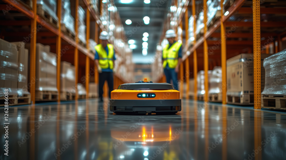 Poster autonomous robot navigating a warehouse with workers observing, showcasing modern logistics and auto