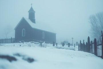 Foggy winter church at a snowy graveyard