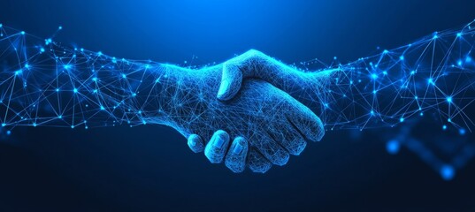Abstract Digital Handshake on Blue Technology Background Partnership, Collaboration, and Innovation