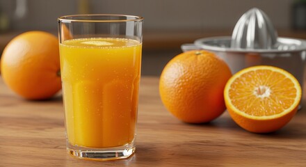Fresh Orange Juice Glass with Fruit and Juicer on Wooden Table