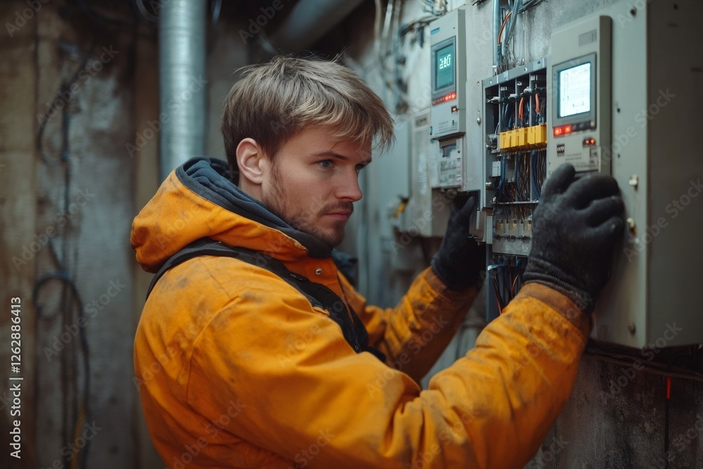 Poster electrician working on control panel in basement