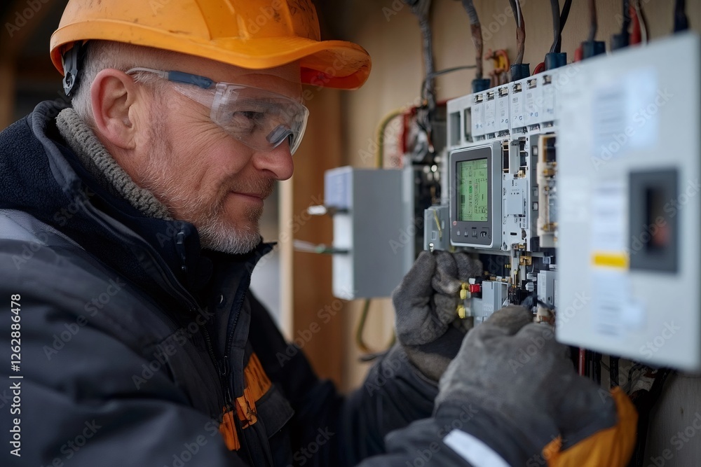 Poster Electrician working on electrical panel installing smart meter for energy monitoring