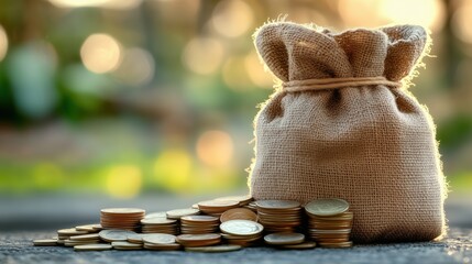 Brown burlap sack filled with coins resting on wooden surface with blurred bokeh background showcasing the concept of savings and wealth accumulation