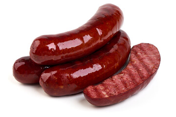 Grilled german bratwurst sausages, isolated on white background.