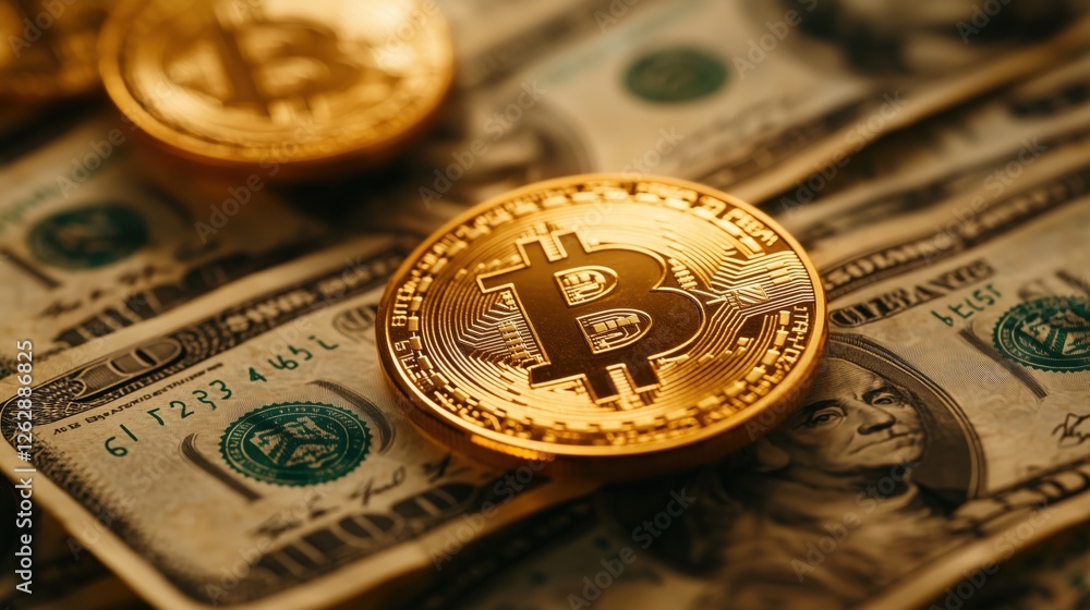 Poster close-up view of glittering bitcoin coin resting on stacked dollar bills symbolizing cryptocurrency 