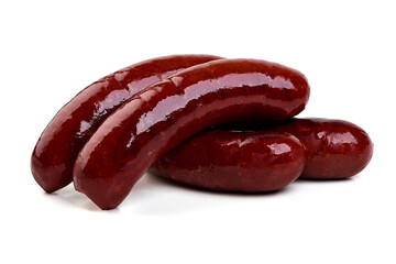 Grilled german bratwurst sausages, isolated on white background.