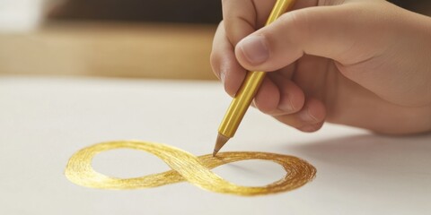 A close-up of a child hand drawing a gold infinity symbol, symbolizing autism acceptance