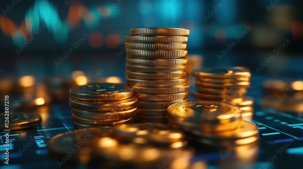 Poster stacks of golden coins on a dark surface with colorful financial graphs in the background for financ
