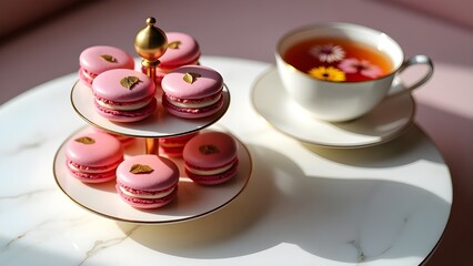 Elegant Pink Macarons and Floral Tea