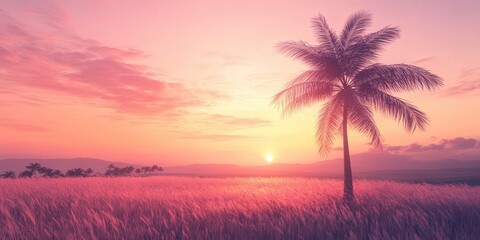 Obraz premium palm tree in a field at sunset, with the sky glowing with soft pastel shades, casting a peaceful light over the landscape