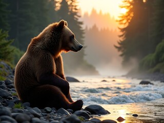 Brown Bear Sitting On The River Bank