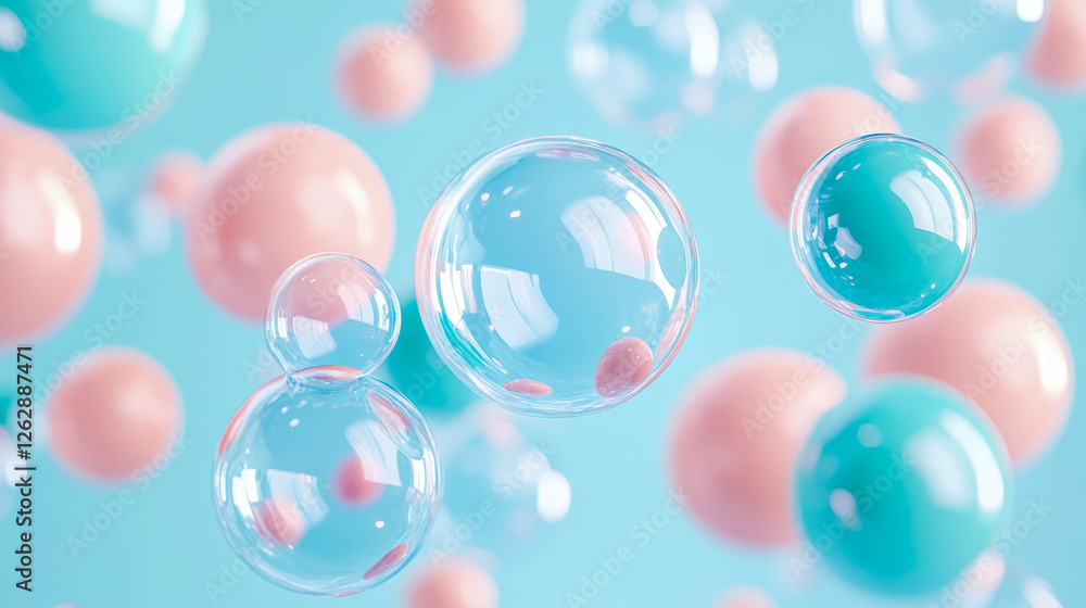 Poster floating spheres: a whimsical arrangement of translucent and opaque balls in pastel hues, creating a