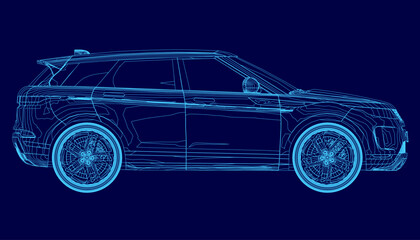Fototapeta premium A blue car with a futuristic design. The car is shown in a blue color and has a futuristic design. Side view