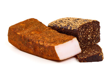 Spiced Cured Pork Fat with Rye Bread Slices Isolated on White Background.