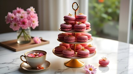 Luxury Tea Time with Gold-Plated Pink Macarons