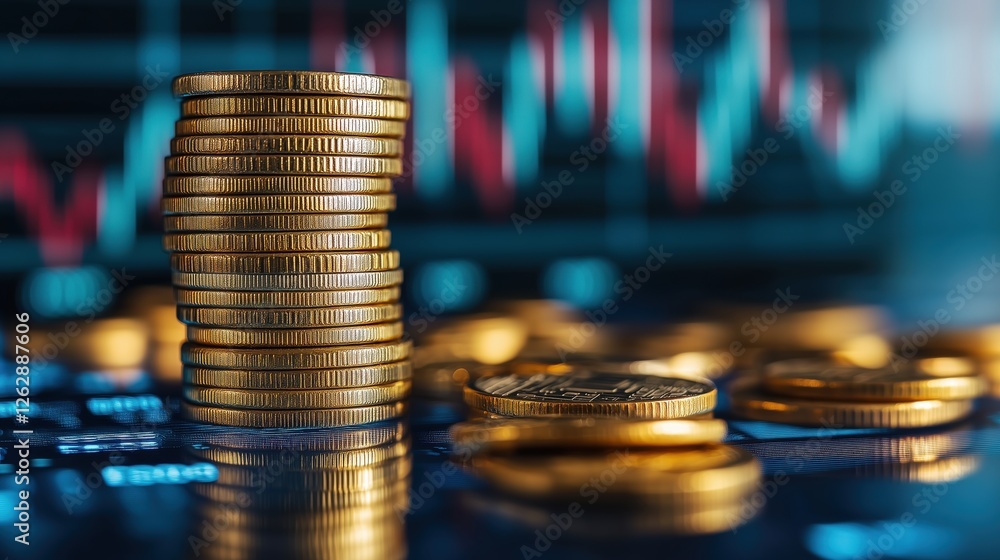Poster stack of shiny gold coins on a stock market chart background with trading graphs and financial data 