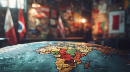 World on table with map and chair. World of sand castle. Map of the collection of flags. A table featuring a world map along with a map and a lifestyle chair.