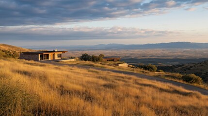 Fototapeta premium Hillside Landscape With Modern House And City View