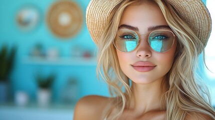 Fototapeta premium Portrait Of A Young Woman In A Hat And Sunglasses With A Light Colored Background