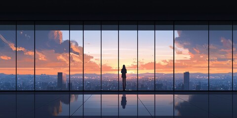 A silhouette stands before large glass windows, gazing at a vibrant sunset over a sprawling cityscape, creating a serene and contemplative atmosphere.