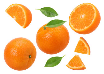 Orange fruit with leaves (Orange Vogan), half and slices isolated, transparent PNG, PNG format,...