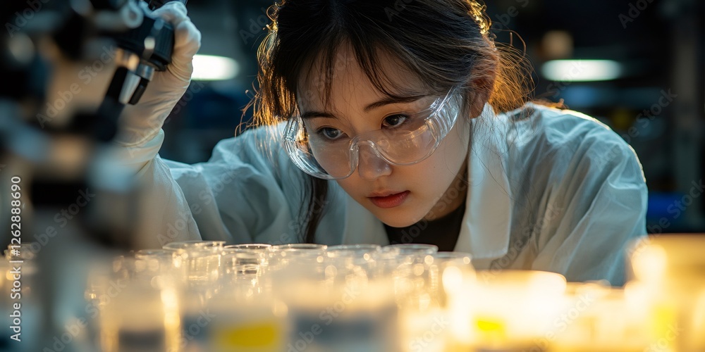 Poster Scientist analyzing samples in laboratory using microscope and petri dishes