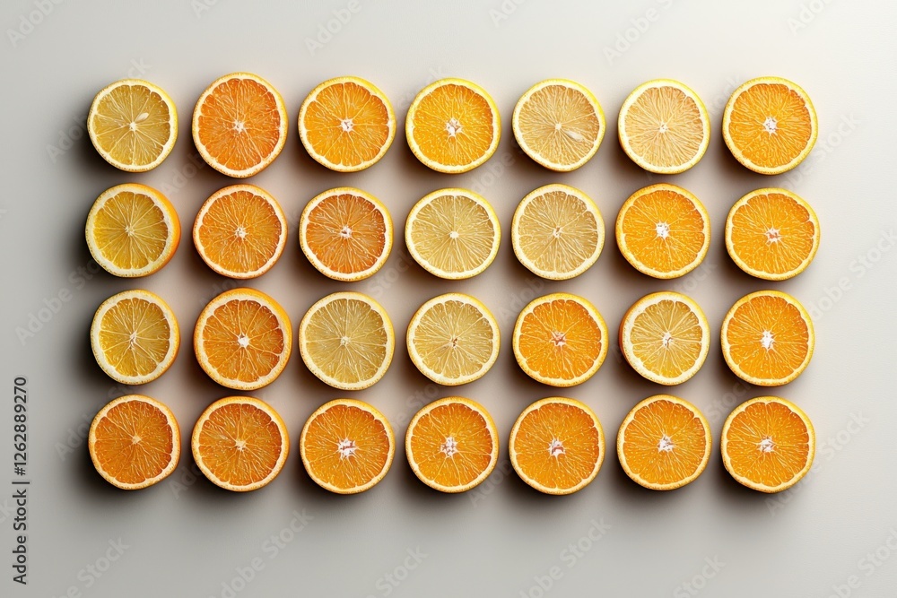 Poster Assorted sliced citrus fruits like oranges  lemons  and grapefruits arranged in a symmetrical grid pattern on a simple  minimalist background  The vibrant colors and juicy textures create a fresh