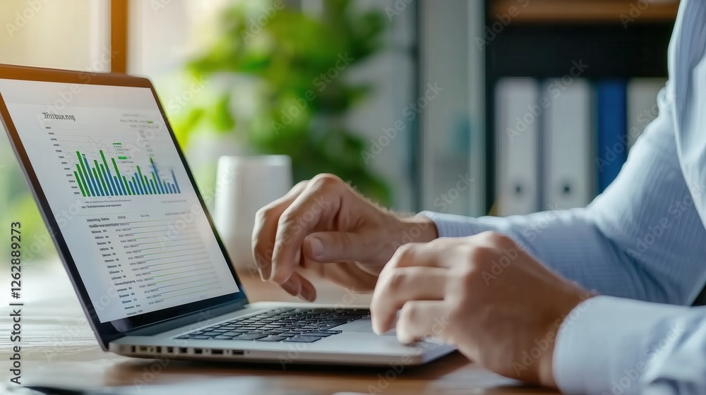 Poster professional businessman analyzing data on laptop in modern office with charts and graphs in backgro
