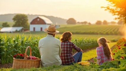 a family of three sits on a grassy hillside overlooking a picturesque farm scene,  with a red barn in the background and the setting sun casting a warm glow over the landscape.