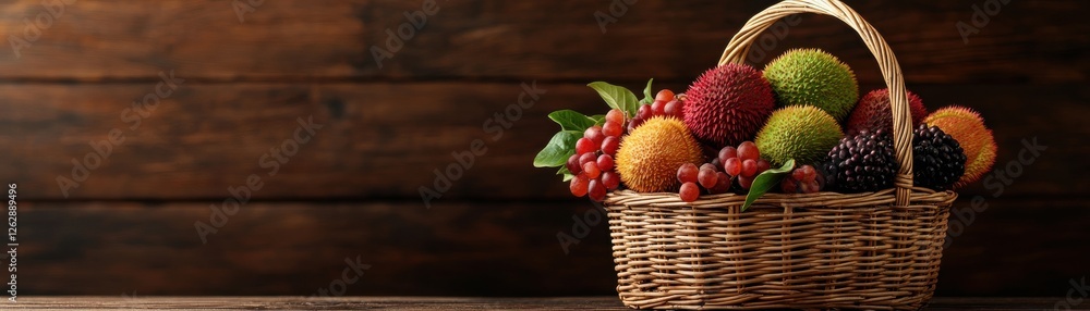 Poster a wicker basket overflowing with a bountiful assortment of colorful fresh and exotic fruits creating