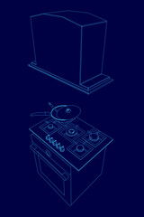 A blue and white drawing of a stove with a pan on top of it. The stove has five burners and a pot on top of it