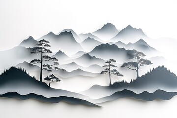 Misty Mountain Landscape Silhouette Art