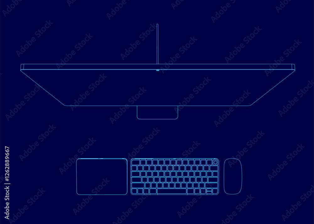 Poster a computer monitor with a keyboard and mouse on it. the monitor is blue and the keyboard and mouse