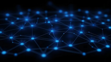 Glowing blue digital grid with connected nodes perfect for futuristic technology AI cyber security and blockchain network visualization.