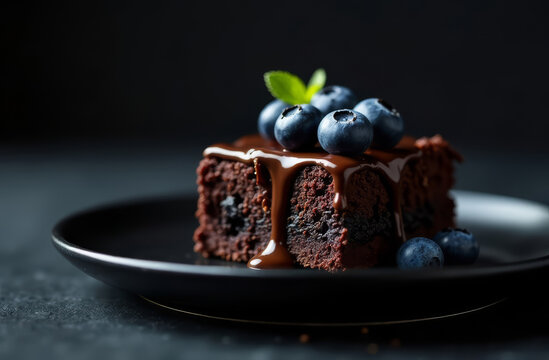 slice of chocolate brownie garnished with blueberries and mint on a black plate, menu, dessert, dark background, copy space