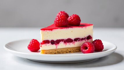 a square slice of cake with berry filling on a stylish white plate, decorated with fresh raspberries, menu, light background