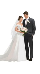 Elegant Bride and Groom Holding Bouquet - Modern Wedding Illustration