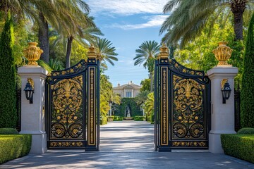 Open ornate golden gate revealing luxurious mansion with palm trees and blue sky
