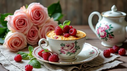 Elegant tea setting with raspberries and roses in ornate china teacup