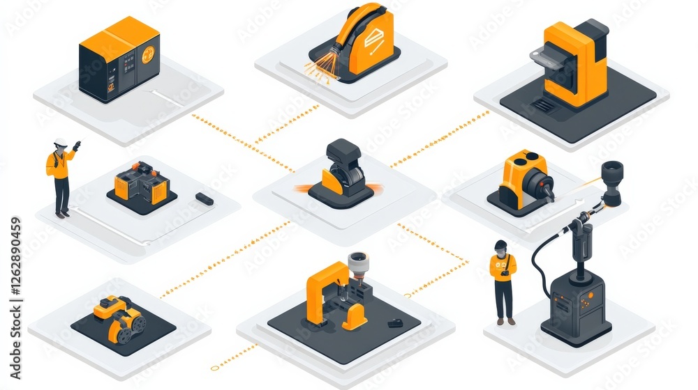 Poster illustration of various industrial machines and tools in a factory setting with workers