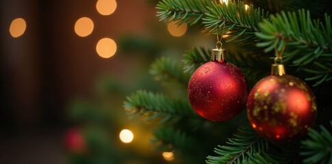 Fototapeta premium Red gold ornaments on Christmas tree branches, festive, decorations