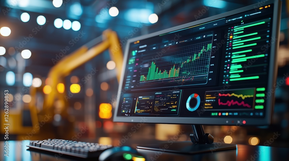 Poster display of advanced data analytics on a monitor with trend graphs and colorful charts in a modern in
