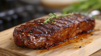 Juicy grilled steak garnished with herbs on a wooden board in a cozy kitchen setting. Generative AI