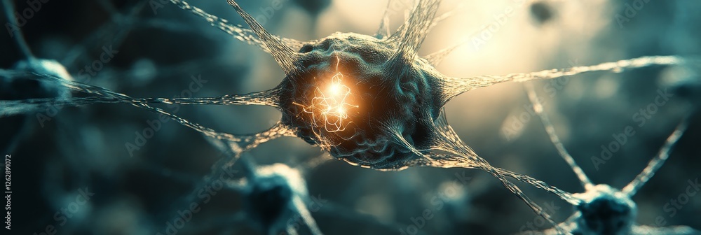 Poster glowing neural network, active brain cells with synapses firing, neuroscience concept, 3d render