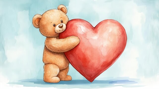 teddy bear hugging a big heart flat design side view valentine's day theme watercolor complementary color scheme