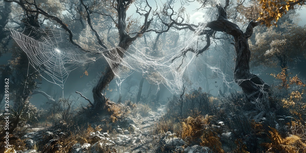 Poster weathered branches with delicate spider webs, set in a forest clearing where the soft sunlight creat