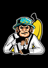 Stylish Primate: An anthropomorphic monkey dons a stylish hat, shirt, and suspenders, a banana adds a touch of whimsy to the image.