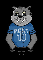 Playful Feline: This playful illustration features a smiling cat wearing a baseball jersey, with its toothy grin and endearing expression creating a captivating character. 