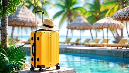 Colourful big yellow suitcase on the beach with a straw hat and tropical caribbean resort on background, Travel theme backdrop