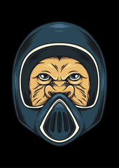 Intense Gorilla: A close-up illustration of a gorilla wearing a motorcycle helmet, with fierce eyes, symbolizing strength and power.